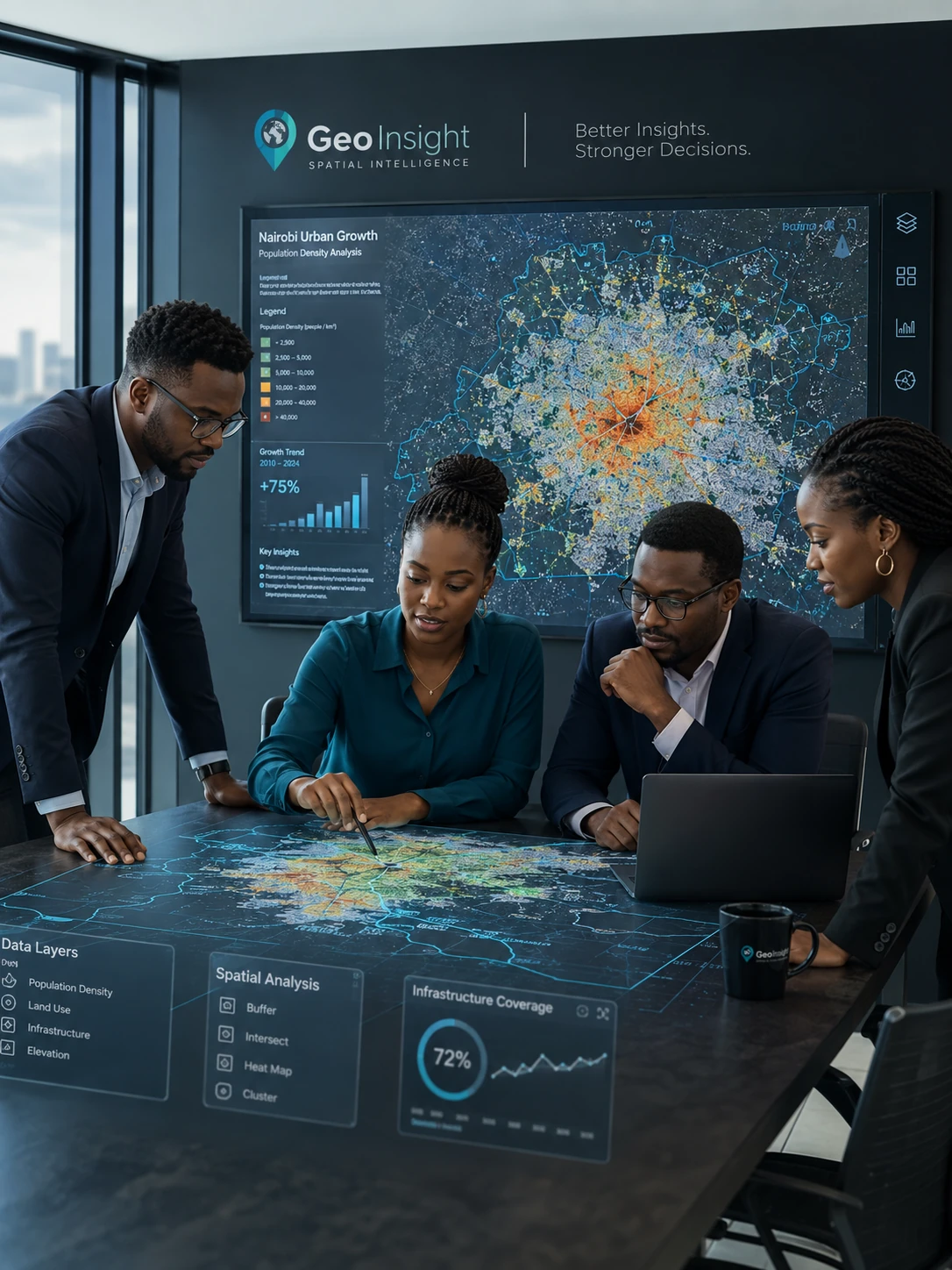 GIS company in Kenya team analysing maps and geospatial data dashboards